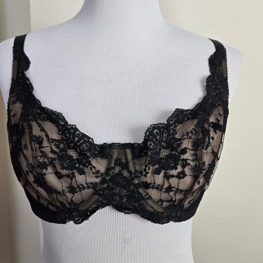 Vintage Victoria's Secret Bra Black Lace Sheer Underwire 36C Y2K Lingerie Sexy